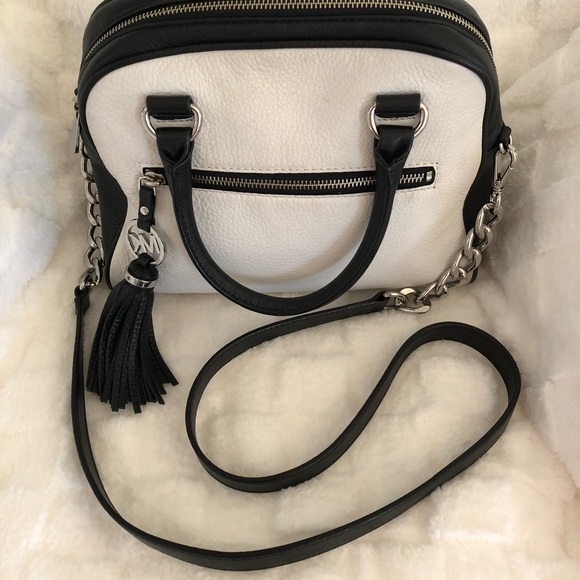 Michael Kors Black White Pebbled Leather Medium Knox Tassel Satchel. - Picture 10 of 15